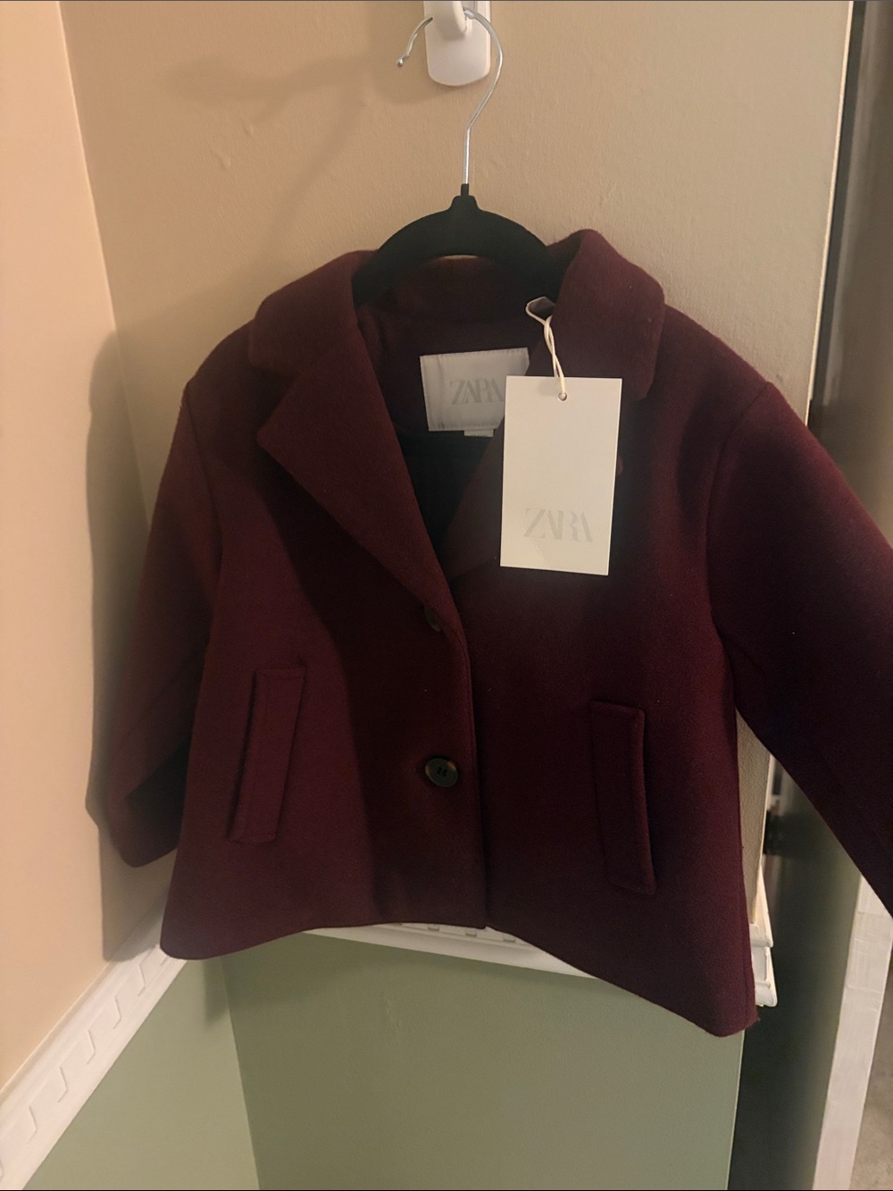 ZARA girls Burgundy Wool Blend Cropped Coat
